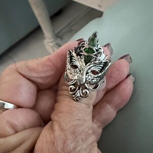 Silver Tone Owl-Butterfly Ring W Gr. Stone